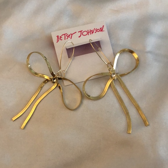 Betsey Johnson Gold Tone Statement Bow Drop Earrings Crystal Accent NWT - Picture 9 of 11